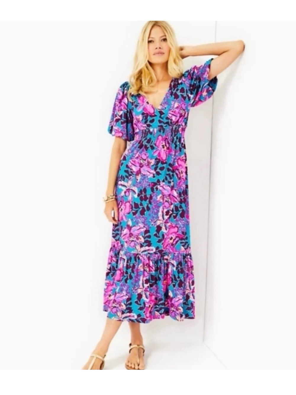 Lilly Pulitzer Holloway Maxi Dress Blue Rhapsody Orchid Puff Elbow Sleeve Size M